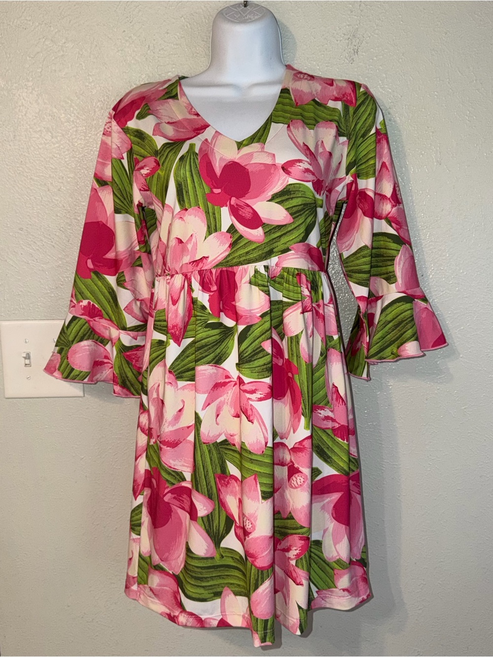 Ana Clare Active Sage Sweetie Baby Doll Mini Dress in Pink & Green Floral Print - Picture 1 of 9